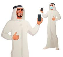 Arabische man in keffiyeh die het lege verticale smartphonescherm met omhoog duim toont. vector stripfiguur geïsoleerd op een witte achtergrond. laat het uitknipmasker los voor volledige grootte.