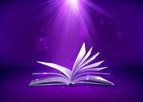 mysterie Open boek. fantasie boek met magie licht sparkles en sterren. vector illustratie in Purper kleuren