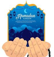 een poster voor Ramadan kareem met een hand- Holding een gebed kralen vector