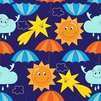 achtergrond met grappig karakters. naadloos vector patroon met zon, wolk, paraplu's, en elementen in een modieus retro tekenfilm vlak stijl.