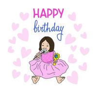 schattig weinig meisje in een mooi jurk. belettering gelukkig verjaardag en roze harten. mijn dochter feest. helder vector illustratie in tekenfilm stijl. voor registratie van kinderen vakantie.