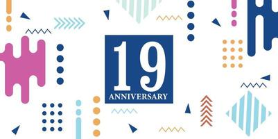 19 jaren verjaardag viering logotype wit getallen doopvont in blauw vorm met kleurrijk abstract ontwerp Aan wit achtergrond vector illustratie