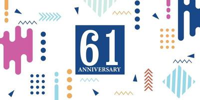 61 jaren verjaardag viering logotype wit getallen doopvont in blauw vorm met kleurrijk abstract ontwerp Aan wit achtergrond vector illustratie