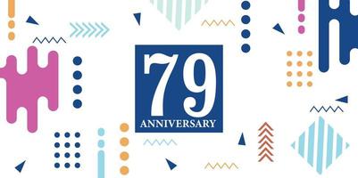 79 jaren verjaardag viering logotype wit getallen doopvont in blauw vorm met kleurrijk abstract ontwerp Aan wit achtergrond vector illustratie