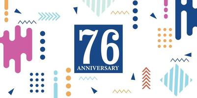 76 jaren verjaardag viering logotype wit getallen doopvont in blauw vorm met kleurrijk abstract ontwerp Aan wit achtergrond vector illustratie