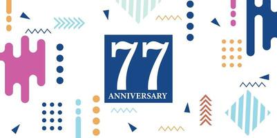 77 jaren verjaardag viering logotype wit getallen doopvont in blauw vorm met kleurrijk abstract ontwerp Aan wit achtergrond vector illustratie