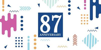 87 jaren verjaardag viering logotype wit getallen doopvont in blauw vorm met kleurrijk abstract ontwerp Aan wit achtergrond vector illustratie