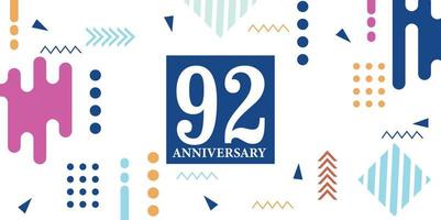 92 jaren verjaardag viering logotype wit getallen doopvont in blauw vorm met kleurrijk abstract ontwerp Aan wit achtergrond vector illustratie