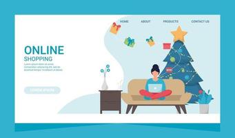 kerst eshopping online bedrijfspromotie shopaholic concept. vrouw met laptop op de bank. vector