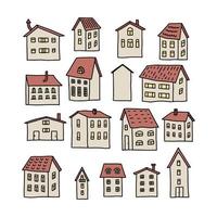reeks van hand getekend huizen in een tekenfilm stijl. beige één verdieping huizen met rood daken Aan een wit achtergrond. vector illustratie.