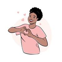 zwart meisje tonen een hart hand- teken. vrouw, liefde gebaar vector tekening