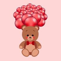 schattig teddy met een boog stropdas en rood ballen zittend Aan roze achtergrond vector