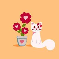 schattig wit kat met bloemen in vlak stijl, geïsoleerd Aan een geel achtergrond, vector illustratie, liefde concept