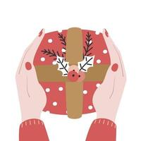 schattig vrouw handen met rood Kerstmis geschenk doos lief vakantie vector achtergrond illustratie