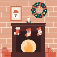 schattig tekenfilm Kerstmis illustratie met haard, geschenk dozen en sokken vector