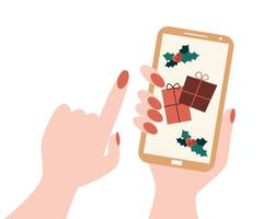 vrouw handen Holding smartphones en boodschappen doen online een Kerstmis cadeaus vlak tekenfilm vector illustratie