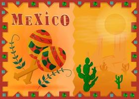 landschap van de Mexicaanse woestijn omlijst met maracas en cactussen vector