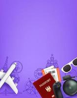 violette achtergrond concept met verschillende reisspullen. paspoort, digitale camera, kaartjes, zonnebril vector