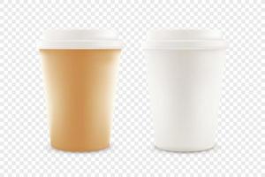 papieren koffiekopje met plastic doppen geïsoleerd. 3D-realistische vector mockup voor elk ontwerp