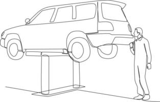 doorlopend een lijn tekening van mechanisch doet geheel auto onderhoud. auto onderhoud concept. single lijn tekening ontwerp grafisch vector illustratie