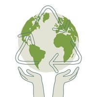 twee handen Holding de wereld en recycle icoon hand- getrokken. vector ontwerp illustratie.