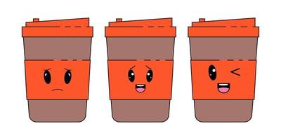 koffie papier kop emoticons reeks met verschillend gezichten en uitdrukkingen. vector