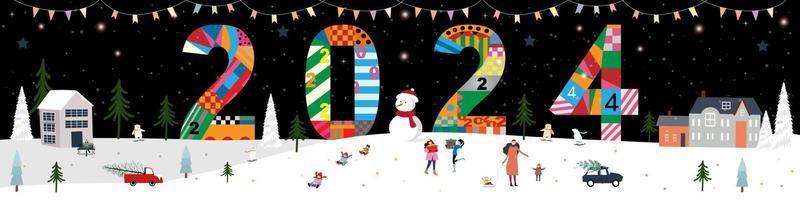 2024 Aan winter landschap in de stad- met gelukkig mensen viering in stad park, vrolijk kerst, nieuw jaar kaart, flyers, affiches, banners en kalender achtergrond, jaar van draak vector