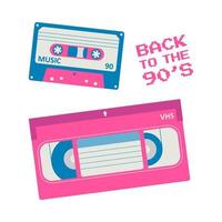 retro audio en video cassettes, terug naar de 90s zin. tekenfilm vector illustratie.