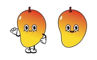 schattig grappig mango golvend hand- karakter. vector hand- getrokken traditioneel tekenfilm vintage, retro, kawaii karakter illustratie icoon. geïsoleerd Aan wit achtergrond. mango karakter concept