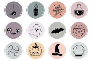 vector reeks van vlak logo ontwerp Sjablonen, pictogrammen en badges voor sociaal media hoogtepunt met schattig halloween symbolen