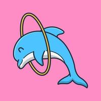 schattig dolfijn zijn aan het doen acrobatiek jumping hula hoepels. geïsoleerd dier ontwerp concept. vlak tekenfilm stijl premie vector