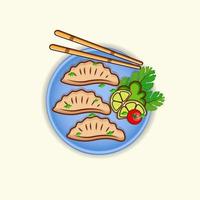 jiaozi vector illustratie set, hoge kwaliteit eetstokje bord kom groente jiaozi knoedel stoom- bamboe minimaal maaltijd smakelijk menu heerlijk voedsel geïsoleerd illustratie.