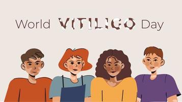 verschillend mensen met vitiligo. liefde jezelf. banier met Dames en mannen van verschillend nationaliteiten Aan een blauw achtergrond vector