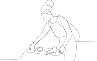 een vrouw voorbereidingen treffen ontbijt Bij school- een lijn tekening vector