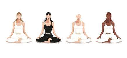 yoga. reeks van een groep van meisjes van verschillend nationaliteiten beoefenen yoga in de lotus positie Aan een wit achtergrond. de concept van meditatie, yoga en een gezond levensstijl. gezichtsloos stijl. vector. vector