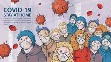 een zeer grote menigte mensen met medische maskers tussen de covid coronavirus-moleculen