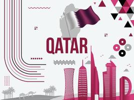 qatar nationaal dag banier met qatari vlag, kaart, tekst, doha oriëntatiepunten, meetkundig abstract Purper of paars kleuren, 18 december nationaal dag vector illustratie