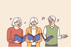 Refrein ouderen mannen en Dames met werkmappen in handen het zingen lied samen en genieten van oud leeftijd. grijs haar mensen van ensemble zingen aan het doen favoriete hobby of geven musical concert vector