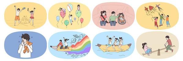 reeks van weinig kinderen Speel samen in zomer buitenshuis. gelukkig klein kinderen vrienden hebben pret kom tot rust voelen speels buiten. mooi zo kinderjaren concept. vakantie en vakantie. vlak vector illustratie.