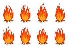 vreugdevuur animatie. tekenfilm brandend kampvuur met brandhout. brand vlammen effect geanimeerd sprites kaders voor ui spel ontwerp vector reeks