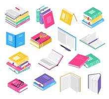 isometrische 3d boeken. Open en Gesloten school- leerboeken met bladwijzers, boek stapels. academisch literatuur, opleiding, lezing elementen vector reeks