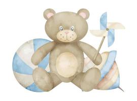 baby speelgoed met teddy beer. hand- getrokken waterverf illustratie in pastel blauw en beige kleuren voor kind douche Aan geïsoleerd achtergrond. kleurrijk kinderachtig samenstelling voor groet kaarten of uitnodigingen vector