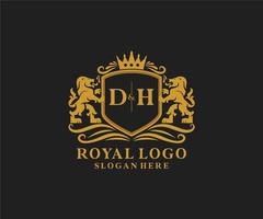 eerste dh brief leeuw Koninklijk luxe logo sjabloon in vector kunst voor restaurant, royalty, boetiek, cafe, hotel, heraldisch, sieraden, mode en andere vector illustratie.