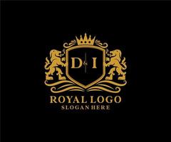eerste di brief leeuw Koninklijk luxe logo sjabloon in vector kunst voor restaurant, royalty, boetiek, cafe, hotel, heraldisch, sieraden, mode en andere vector illustratie.