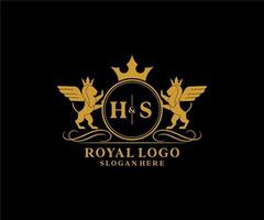 eerste hs brief leeuw Koninklijk luxe heraldisch, wapen logo sjabloon in vector kunst voor restaurant, royalty, boetiek, cafe, hotel, heraldisch, sieraden, mode en andere vector illustratie.
