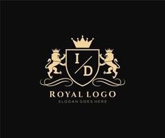 eerste ID kaart brief leeuw Koninklijk luxe heraldisch, wapen logo sjabloon in vector kunst voor restaurant, royalty, boetiek, cafe, hotel, heraldisch, sieraden, mode en andere vector illustratie.