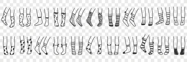 sokken voor vervelend tekening set. verzameling van hand- getrokken menselijk hoog en kort sokken accessoires mode voor opwarming omhoog voeten met divers patronen geïsoleerd Aan transparant achtergrond vector