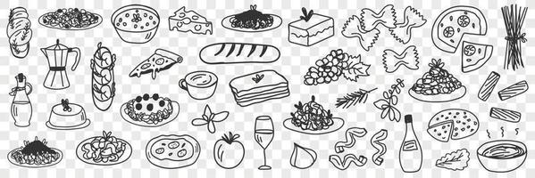 voedingsmiddelen en drankjes tekening set. verzameling van hand- getrokken eetbaar en smakelijk brood cakes fruit pizza soep olijf- olie en drankjes in glas en pot geïsoleerd Aan transparant achtergrond vector