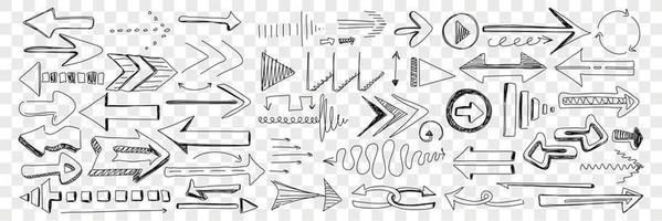 pijlen van verschillend vormen en routebeschrijving tekening set. verzameling van hand- getrokken pijlen links Rechtsaf navigeren en aantrekken aandacht voor oriëntering helpen geïsoleerd Aan transparant achtergrond vector