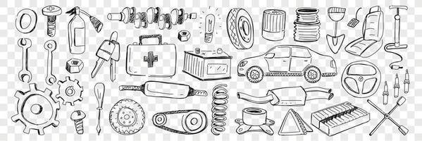 gereedschap voor auto repareren tekening set. verzameling van hand- getrokken auto's sleutels Schep schroevedraaier motor uitrusting wiel noot pomp stuurinrichting wiel uitlaat pijp geïsoleerd Aan transparant achtergrond vector